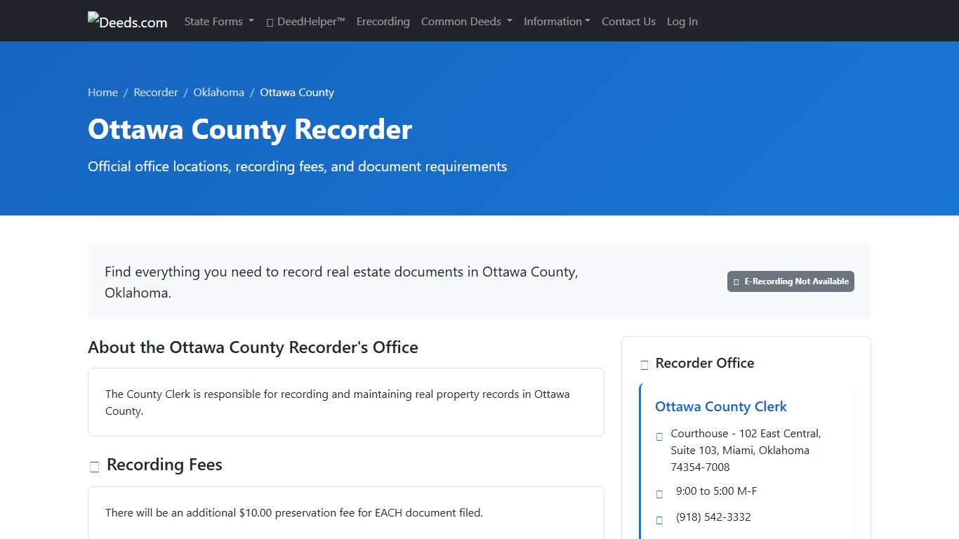 Ottawa County Recorder Information, Oklahoma - Deeds.com